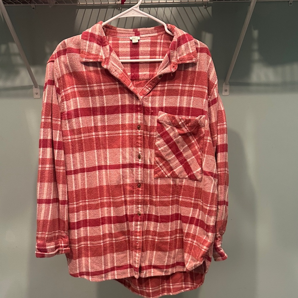 Aerie white and Pink Plaid flannel